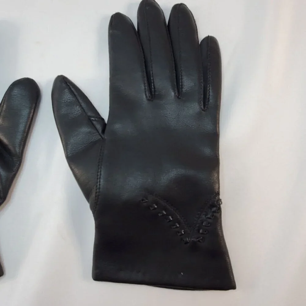 Vintage Avon Womans Black Vinyl Gloves Lined W/ Fleece Size Small Driving Gloves